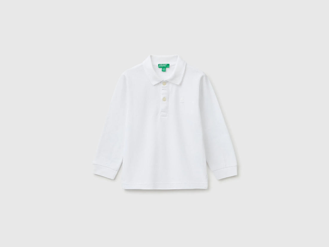 Benetton White Boys 100% Organic Cotton Long-Sleeved Polo Shirt SKU: 3089G3017_101 Image 01