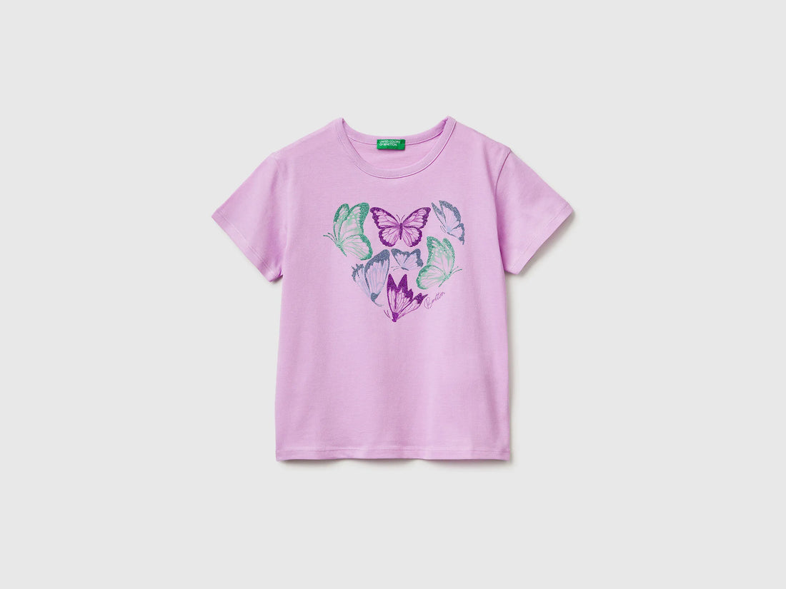 Benetton Lilac Girls T-Shirt with Print and Glitter SKU: 3096C10SG_00L Image 01