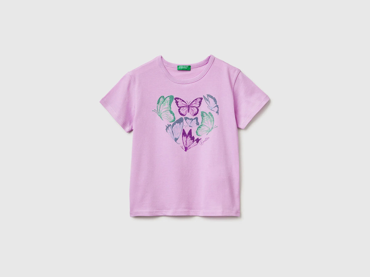 Benetton Lilac Girls T-Shirt with Print and Glitter SKU: 3096C10SG_00L Image 01