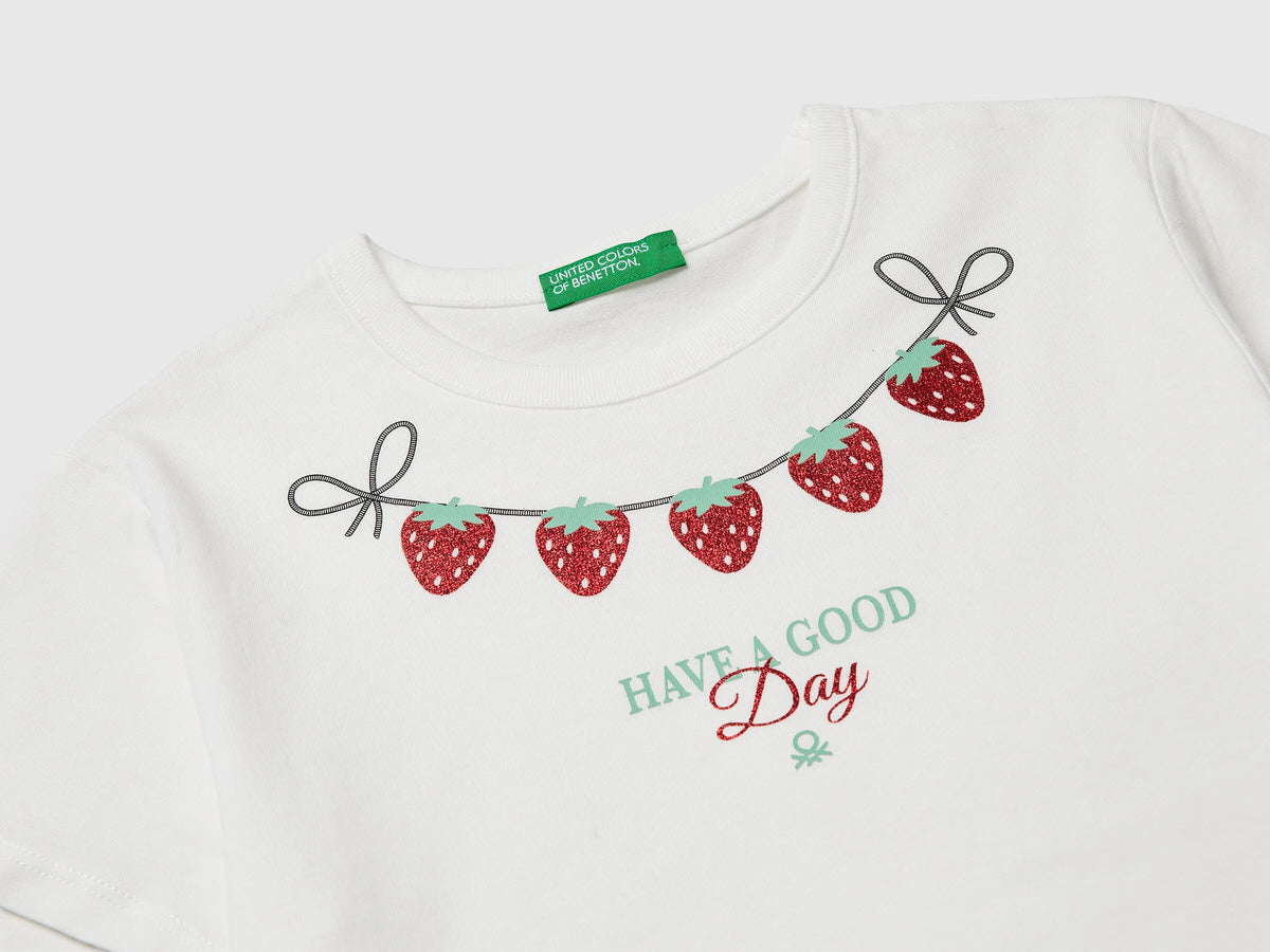 Benetton Creamy White Girls T-Shirt with Print and Glitter SKU: 3096C10SG_074 Image 03