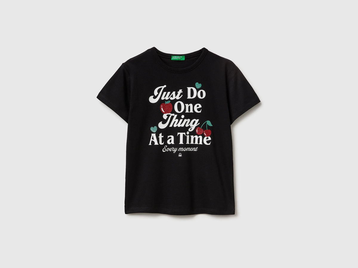 Benetton Black Girls T-Shirt with Print and Glitter SKU: 3096C10SG_100 Image 01