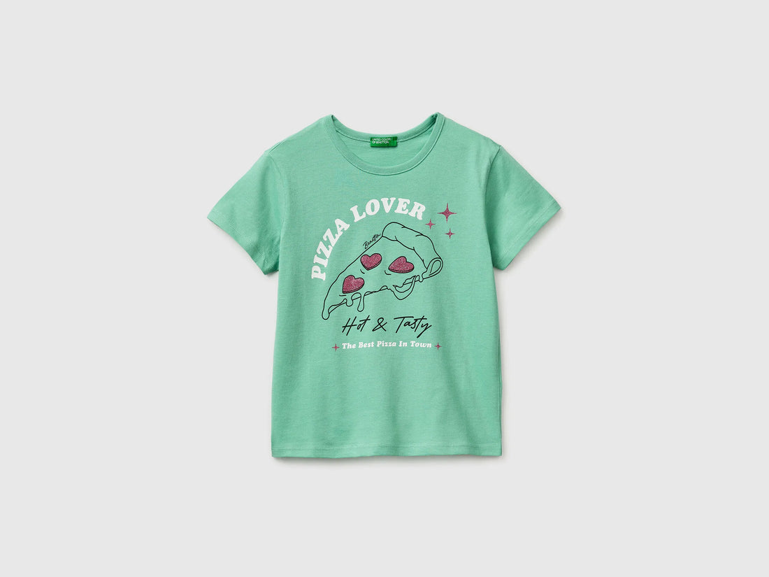 Benetton Aqua Girls T-Shirt with Print and Glitter SKU: 3096C10SG_13D Image 01