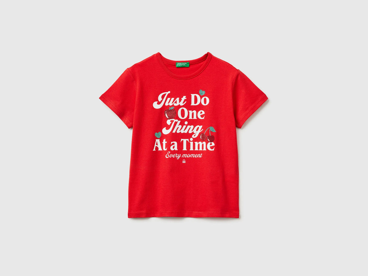 Benetton Red Girls T-Shirt with Print and Glitter SKU: 3096C10SG_30A Image 01