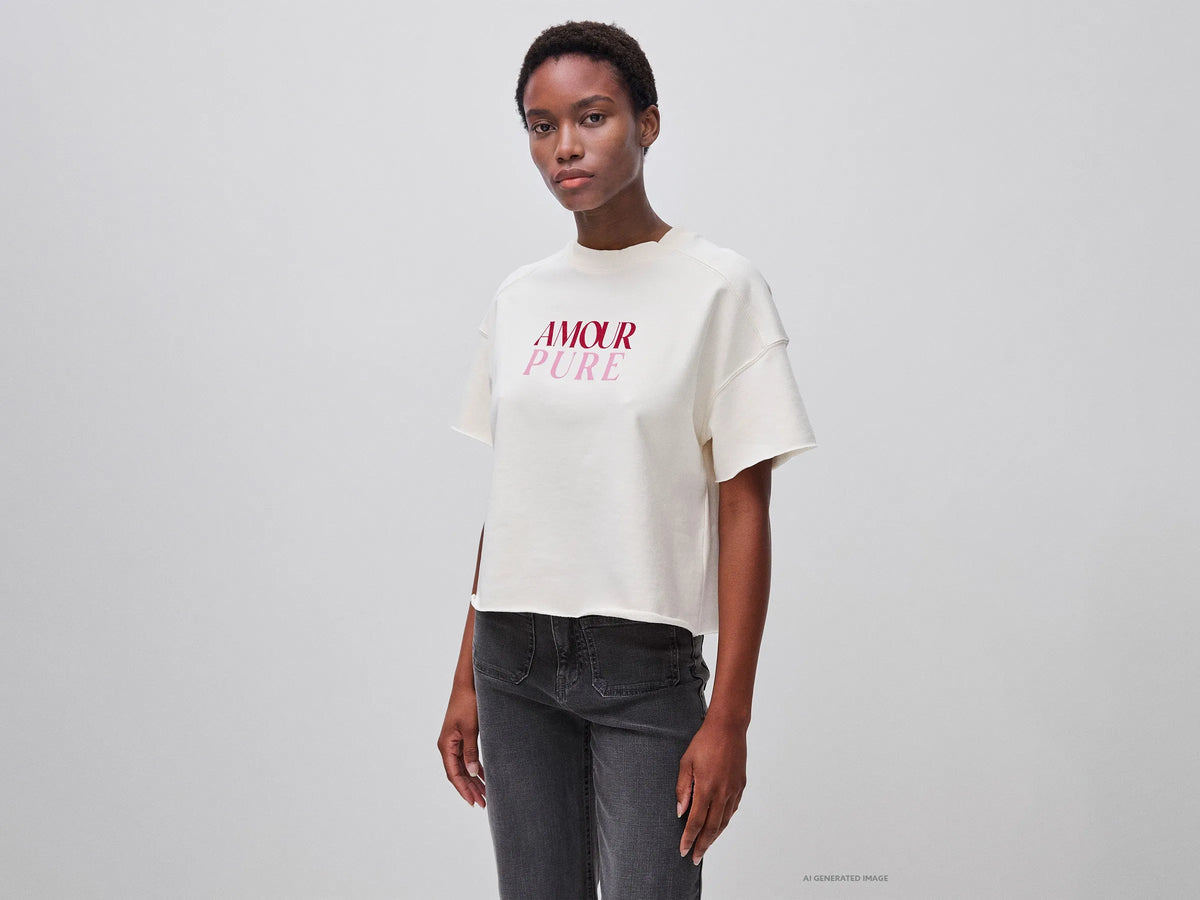 Benetton Creamy White Women Short-Sleeved Sweatshirt with Print SKU: 3245D10DE_27H Image 01