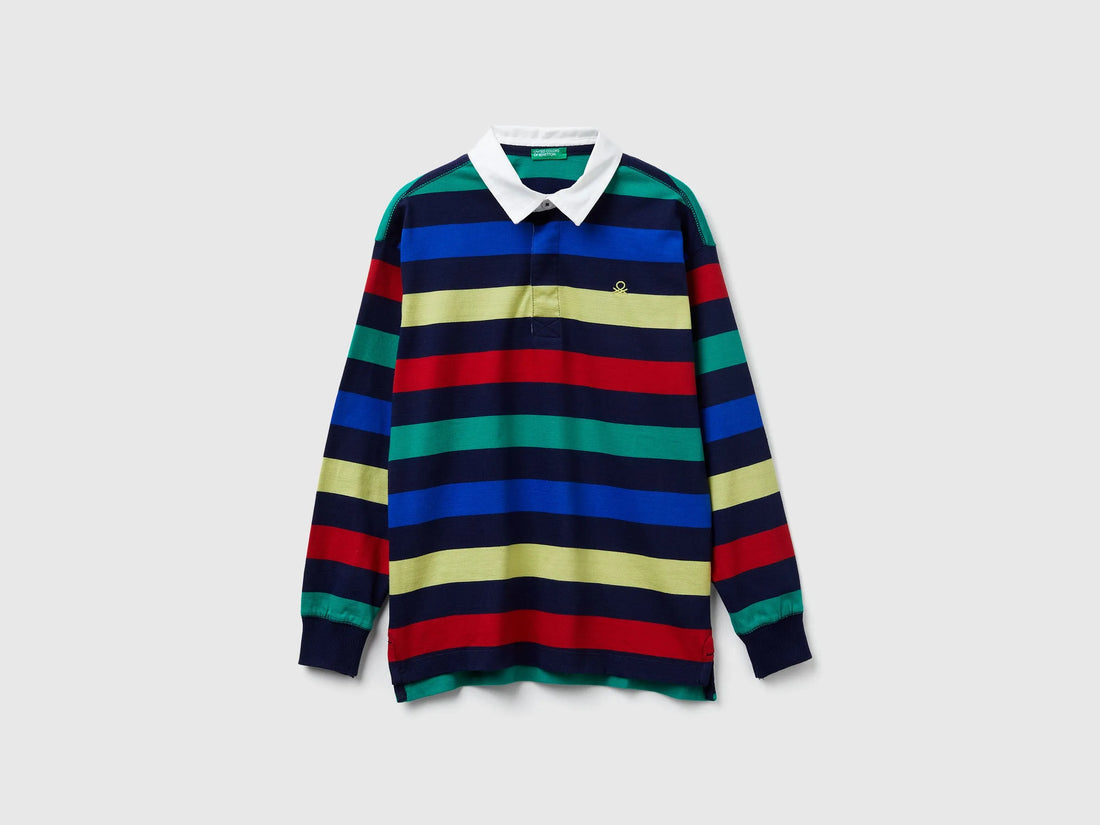 Benetton Dark Blue Boys Striped Cotton Polo SKU: 33CKC301X_906 Image 01
