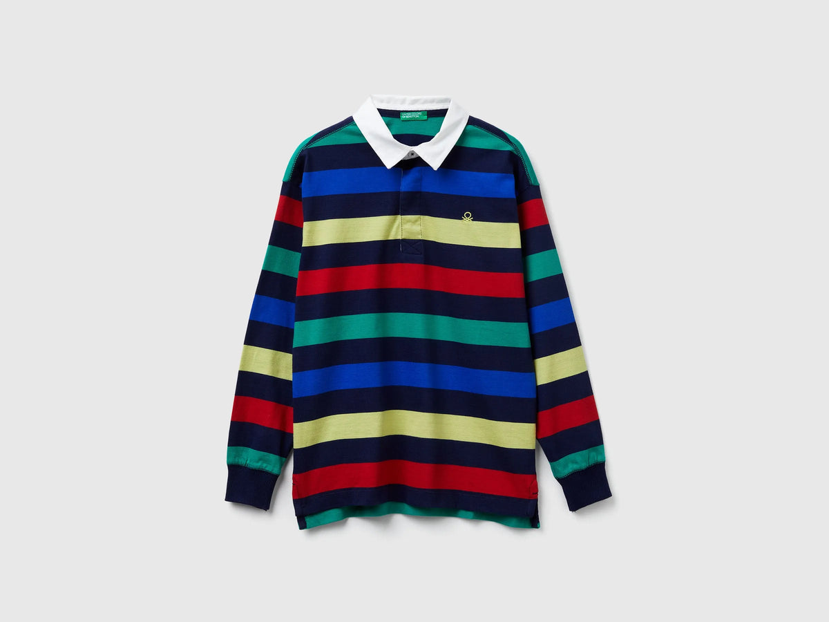 Benetton Dark Blue Boys Striped Cotton Polo SKU: 33CKC301X_906 Image 01