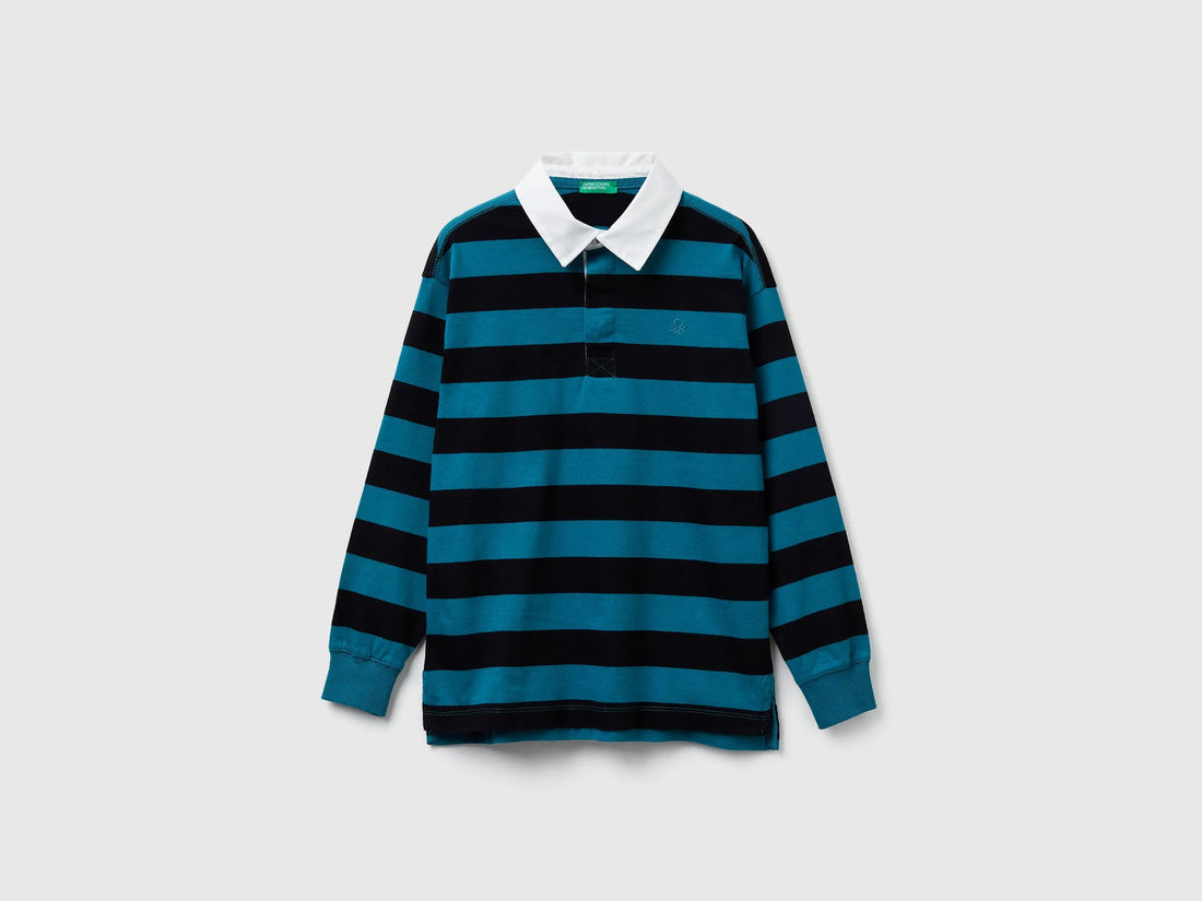 Benetton Air Force Blue Boys Striped Cotton Polo SKU: 33CKC301X_907 Image 01
