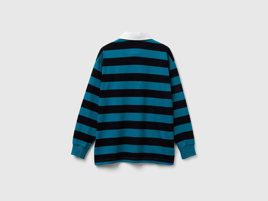 Benetton Air Force Blue Boys Striped Cotton Polo SKU: 33CKC301X_907 Image 02