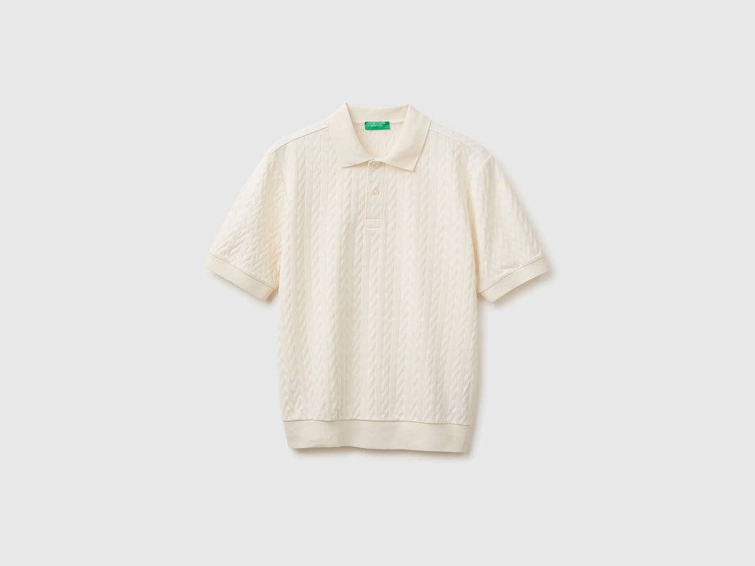 Benetton Creamy White Men Jacquard Polo Shirt SKU: 33T4U302T_0R2 Image 01