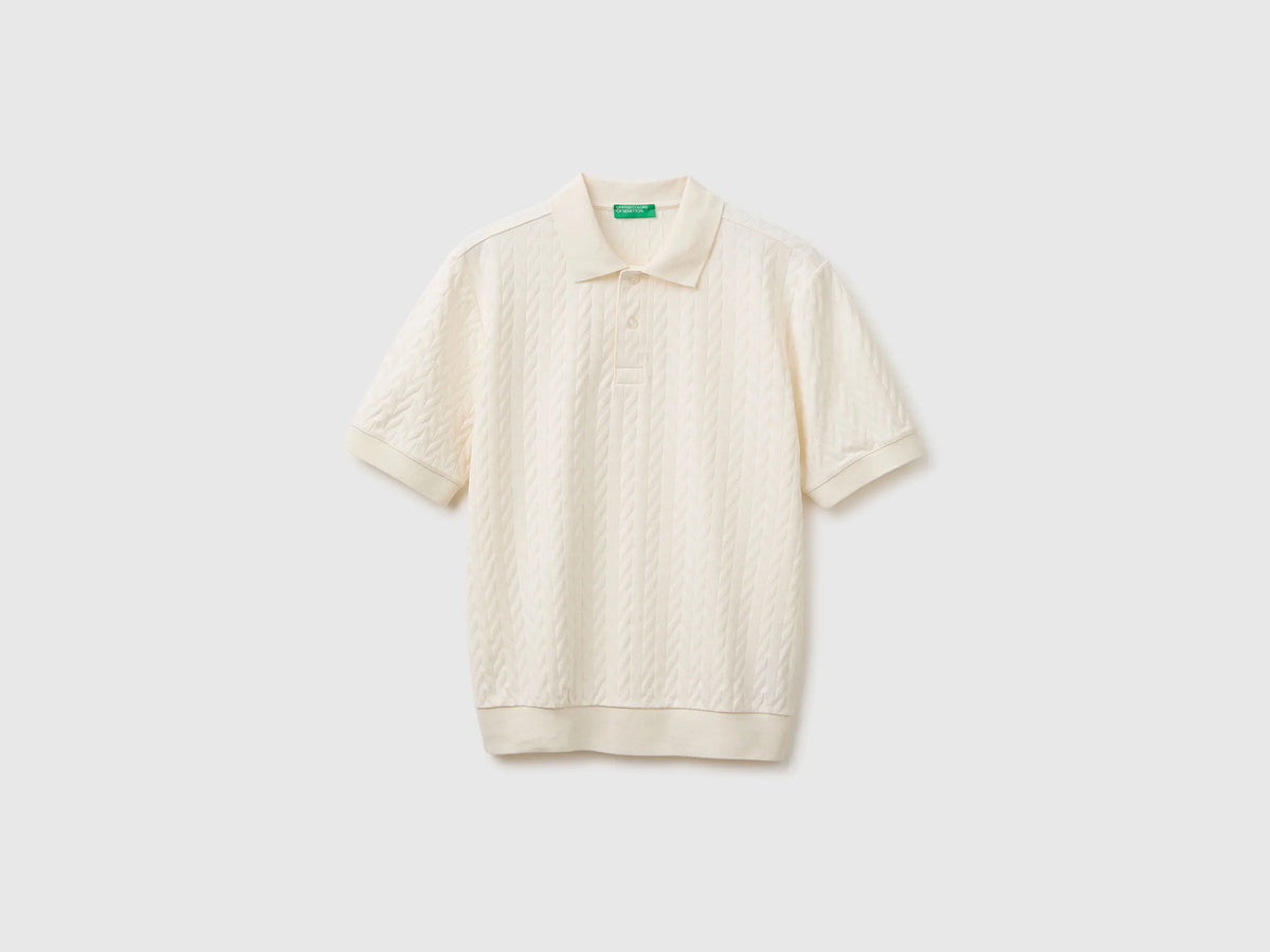 Benetton Creamy White Men Jacquard Polo Shirt SKU: 33T4U302T_0R2 Image 01