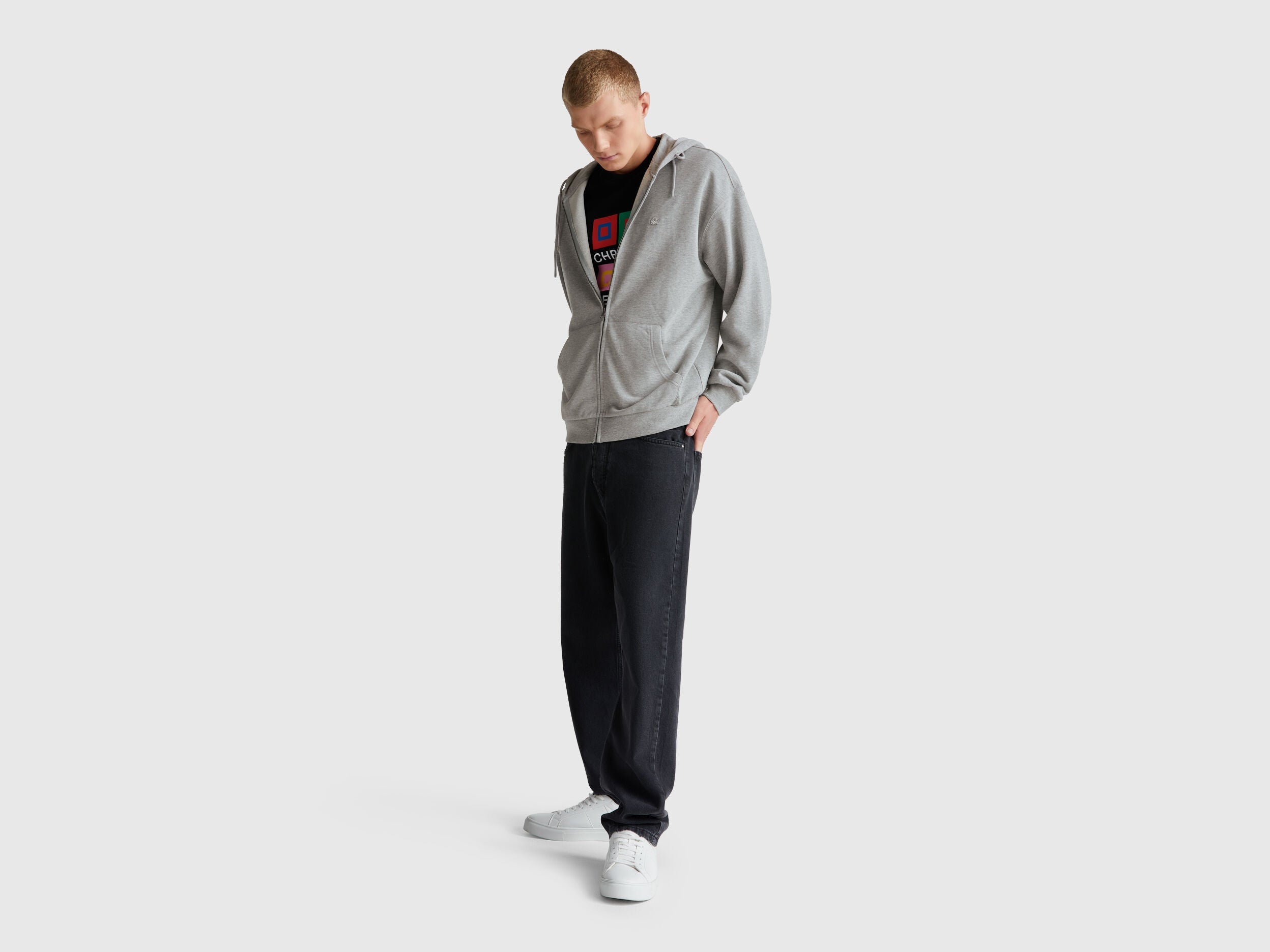 Benetton_Light Gray_Zip-Up Hoodie in Cotton_342ZU500P_501_03