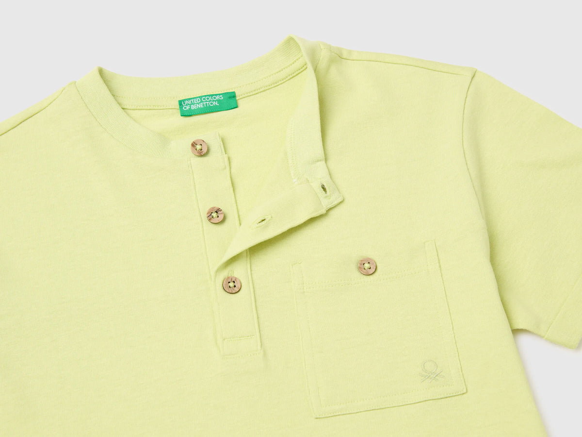 Benetton Lime Boys Linen Blend Henley T-Shirt SKU: 34I0C10T9_0M4 Image 03