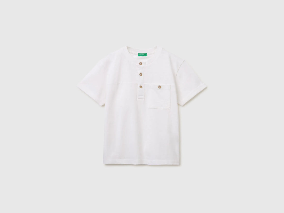 Benetton White Boys Linen Blend Henley T-Shirt SKU: 34I0C10T9_101 Image 01