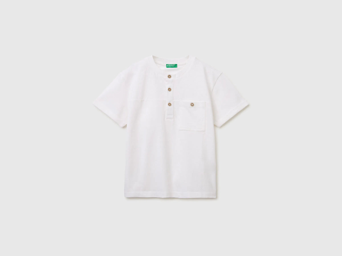 Benetton White Boys Linen Blend Henley T-Shirt SKU: 34I0C10T9_101 Image 01