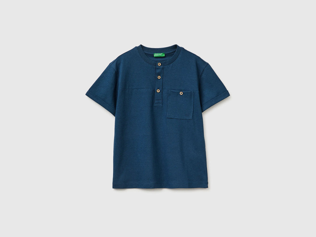 Benetton Dark Blue Boys Linen Blend Henley T-Shirt SKU: 34I0C10T9_37T Image 01