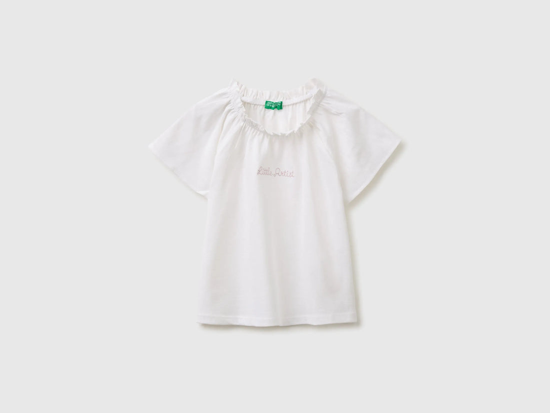 Benetton White Girls Linen Blend Ruffle Neck T-Shirt SKU: 34I0G10MQ_101 Image 01