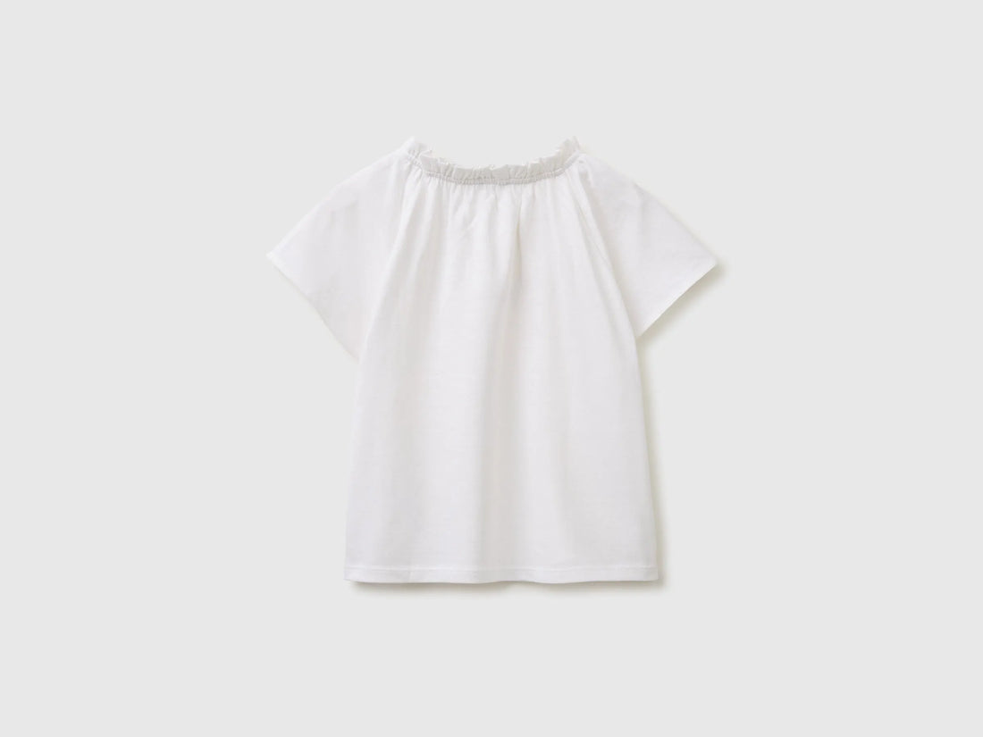 Benetton White Girls Linen Blend Ruffle Neck T-Shirt SKU: 34I0G10MQ_101 Image 02