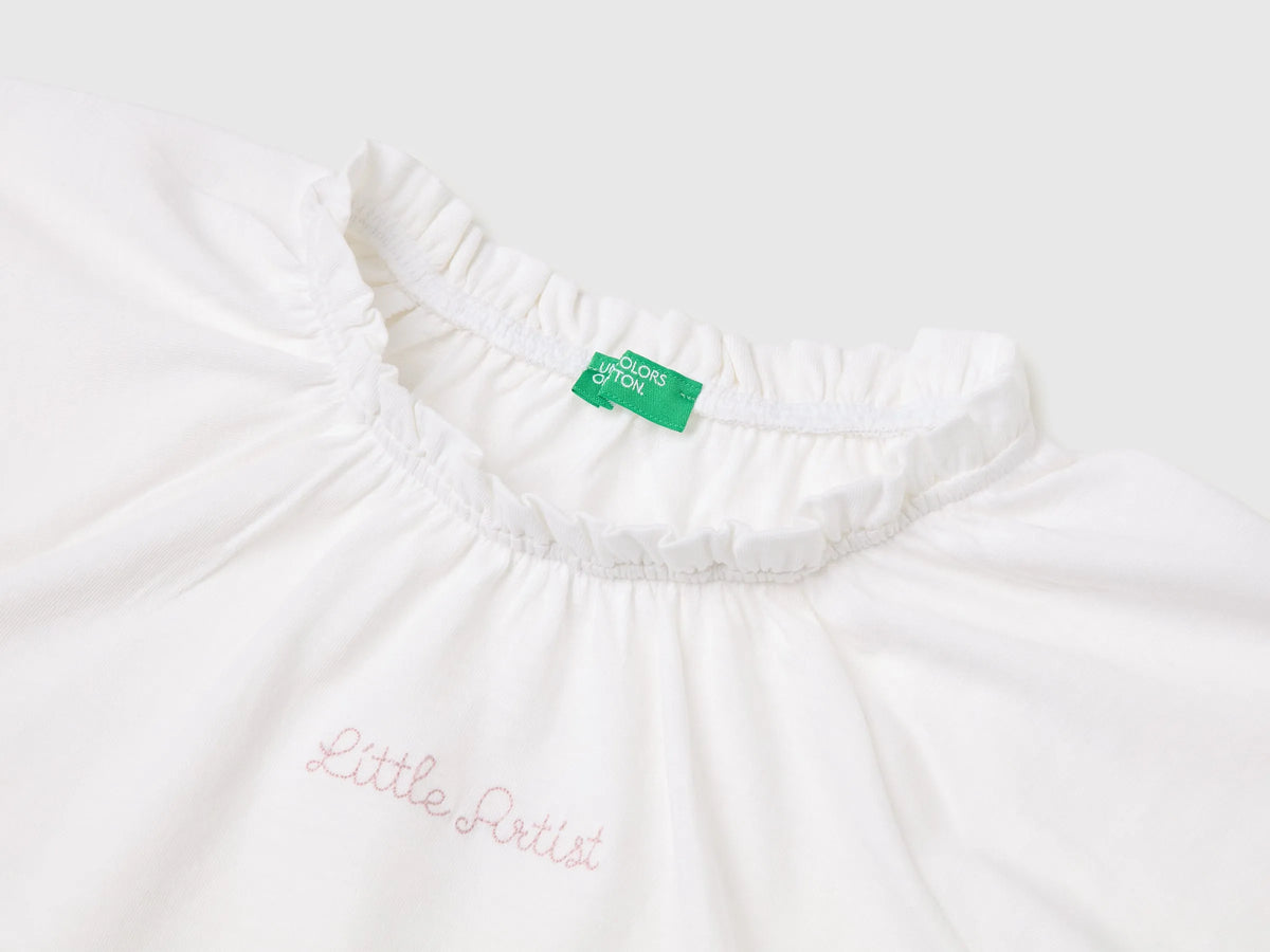 Benetton White Girls Linen Blend Ruffle Neck T-Shirt SKU: 34I0G10MQ_101 Image 03