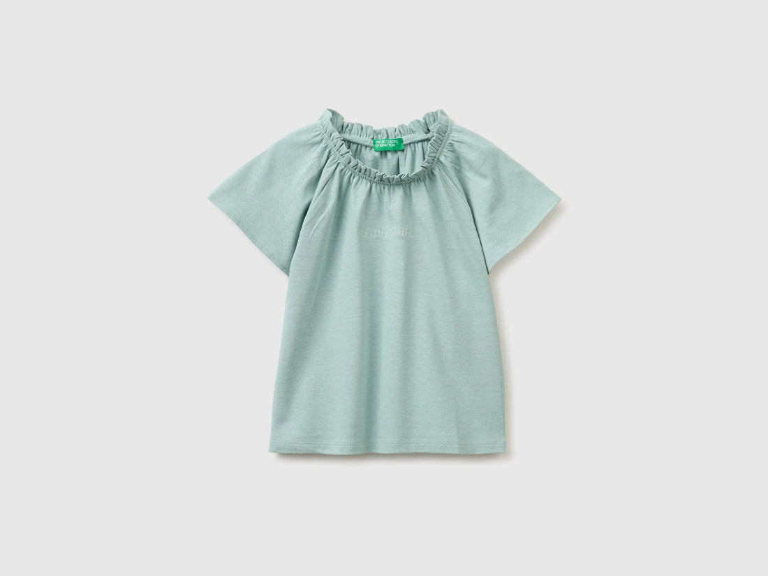 Benetton Blue Girls Linen Blend Ruffle Neck T-Shirt SKU: 34I0G10MQ_30V Image 01