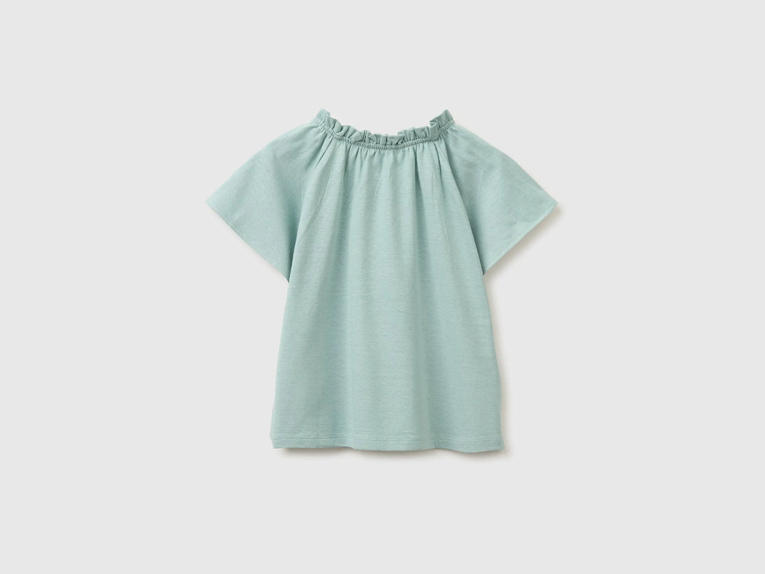 Benetton Blue Girls Linen Blend Ruffle Neck T-Shirt SKU: 34I0G10MQ_30V Image 02