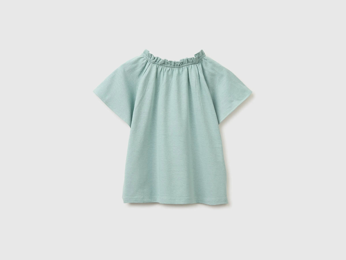 Benetton Blue Girls Linen Blend Ruffle Neck T-Shirt SKU: 34I0G10MQ_30V Image 02