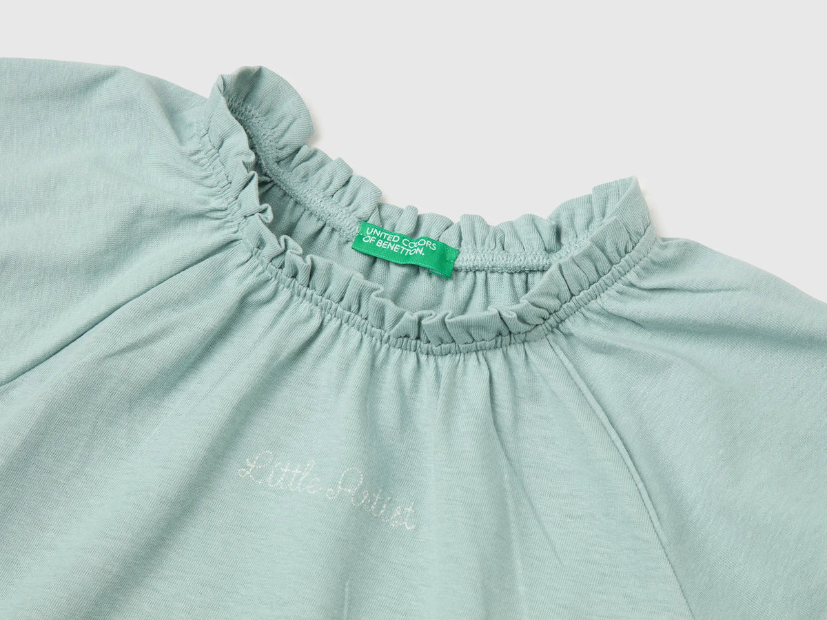Benetton Blue Girls Linen Blend Ruffle Neck T-Shirt SKU: 34I0G10MQ_30V Image 03