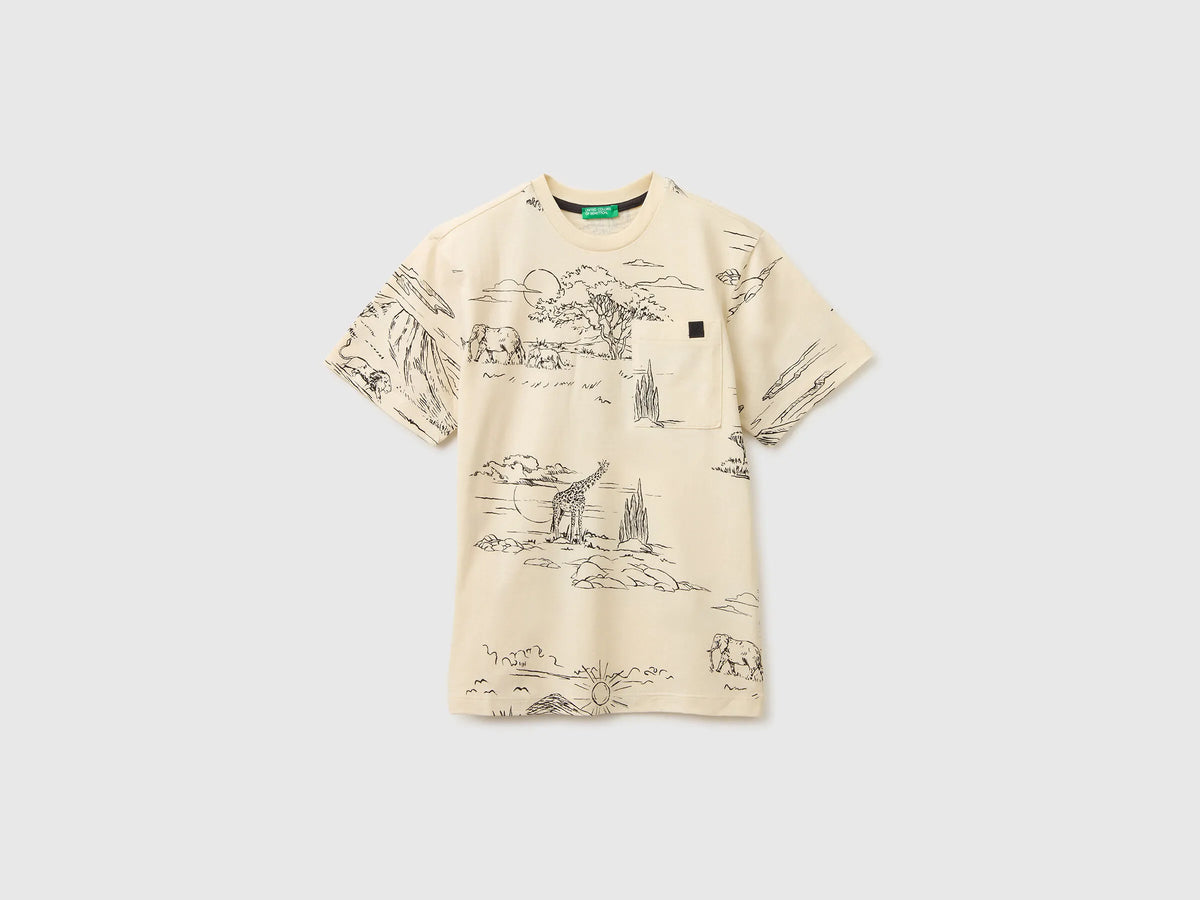 Benetton Creamy White Boys Printed T-Shirt with Pocket SKU: 34UTC10TL_73L Image 01