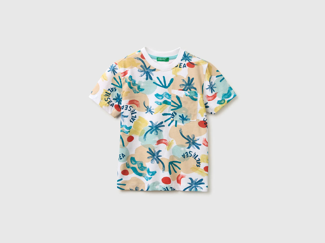 Benetton White Boys T-Shirt with Tropical Print SKU: 34UTG10N2_70P Image 01