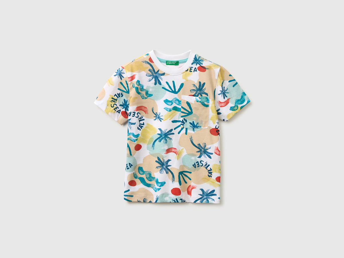 Benetton White Boys T-Shirt with Tropical Print SKU: 34UTG10N2_70P Image 01