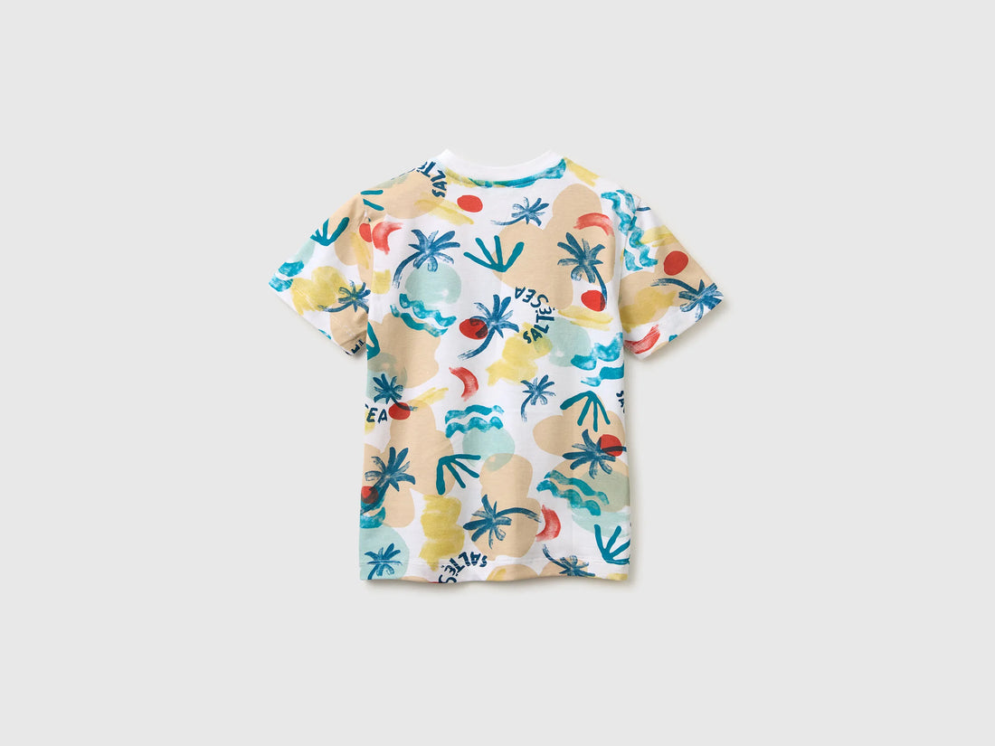 Benetton White Boys T-Shirt with Tropical Print SKU: 34UTG10N2_70P Image 02