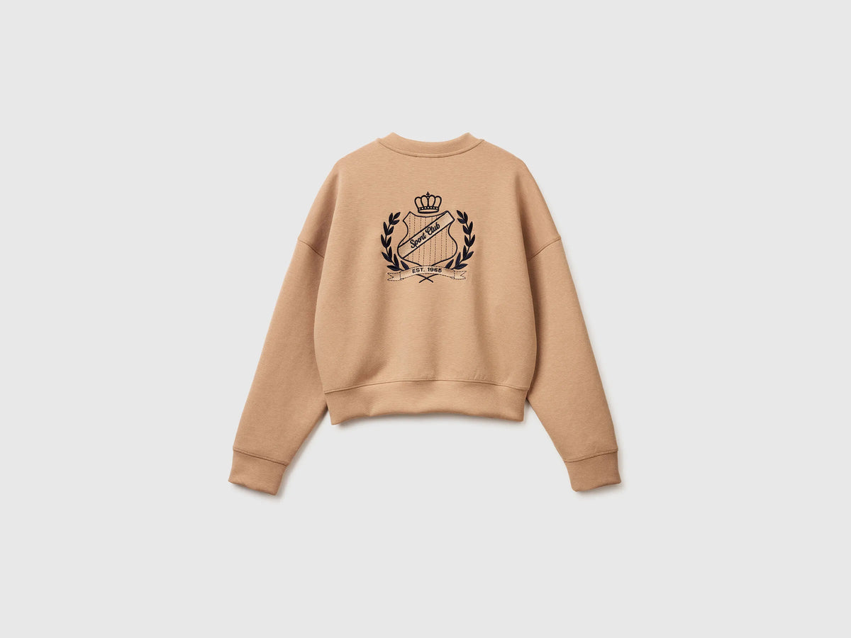 Benetton Camel Women Boxy Fit Sweatshirt with Crest on The Back SKU: 35B1D201G_21R Image 02