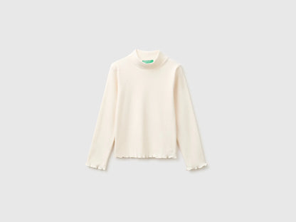 Benetton Creamy White Girls Warm Cotton Blend Turtleneck T-Shirt SKU: 35F2G10NQ_0R2 Image 01