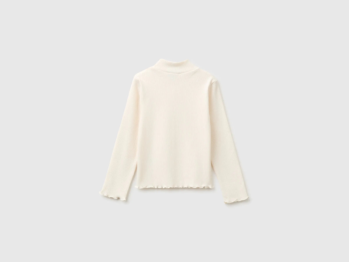 Benetton Creamy White Girls Warm Cotton Blend Turtleneck T-Shirt SKU: 35F2G10NQ_0R2 Image 02
