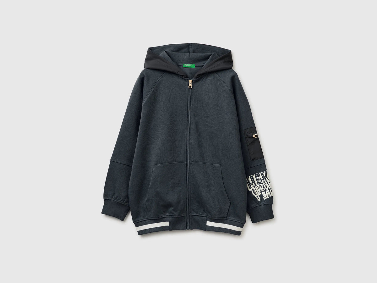 Benetton Dark Gray Boys Open Sweatshirt with Nylon Inserts SKU: 35JVC506A_10N Image 01