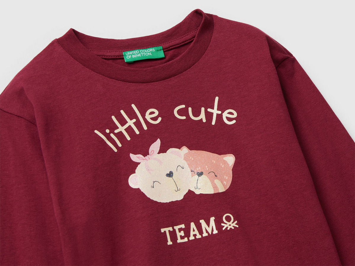 Benetton_Burgundy_Cotton T-Shirt with Glittery Print_35RYG10K7_236_03