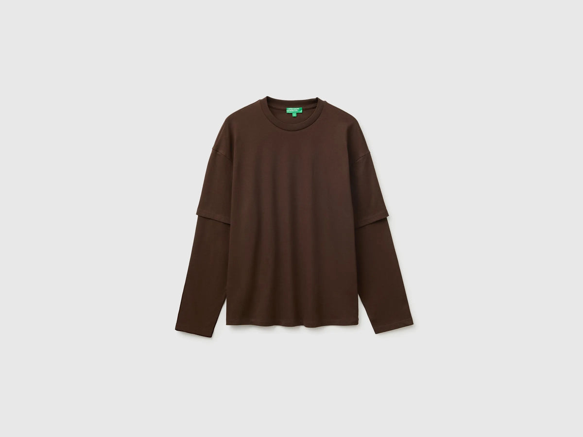 Benetton Brown Men Double-Sleeved T-Shirt in 100% Cotton SKU: 35URU10CV_2C0 Image 01