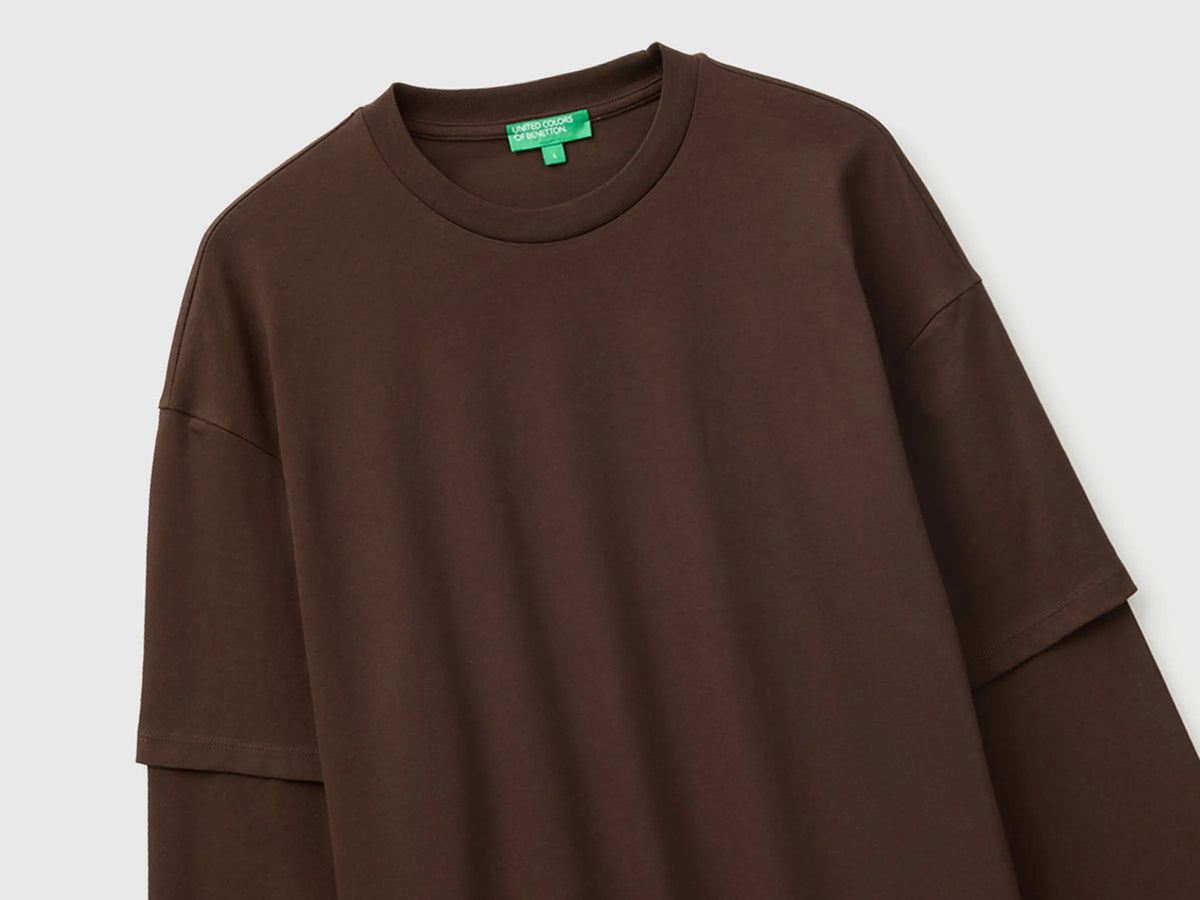 Benetton Brown Men Double-Sleeved T-Shirt in 100% Cotton SKU: 35URU10CV_2C0 Image 03