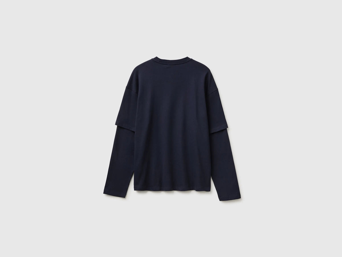 Benetton Dark Blue Men Double-Sleeved T-Shirt in 100% Cotton SKU: 35URU10CV_3C1 Image 02