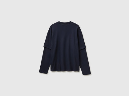 Benetton Dark Blue Men Double-Sleeved T-Shirt in 100% Cotton SKU: 35URU10CV_3C1 Image 02