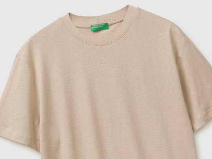 Benetton Beige Men Crew Neck T-Shirt in Linen Blend SKU: 36IBU10CE_152 Image 03