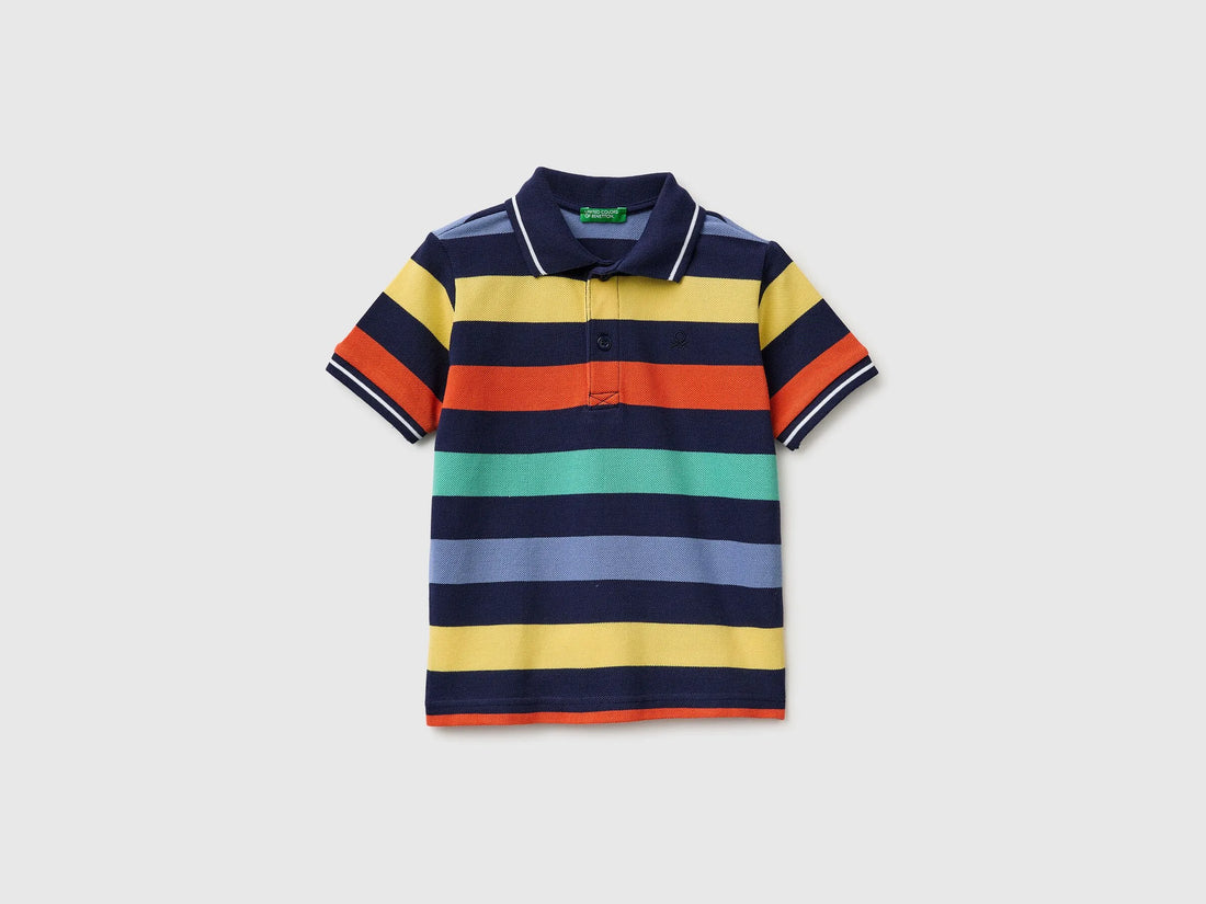 Benetton Dark Blue Boys Striped Polo SKU: 37JJG3012_907 Image 01