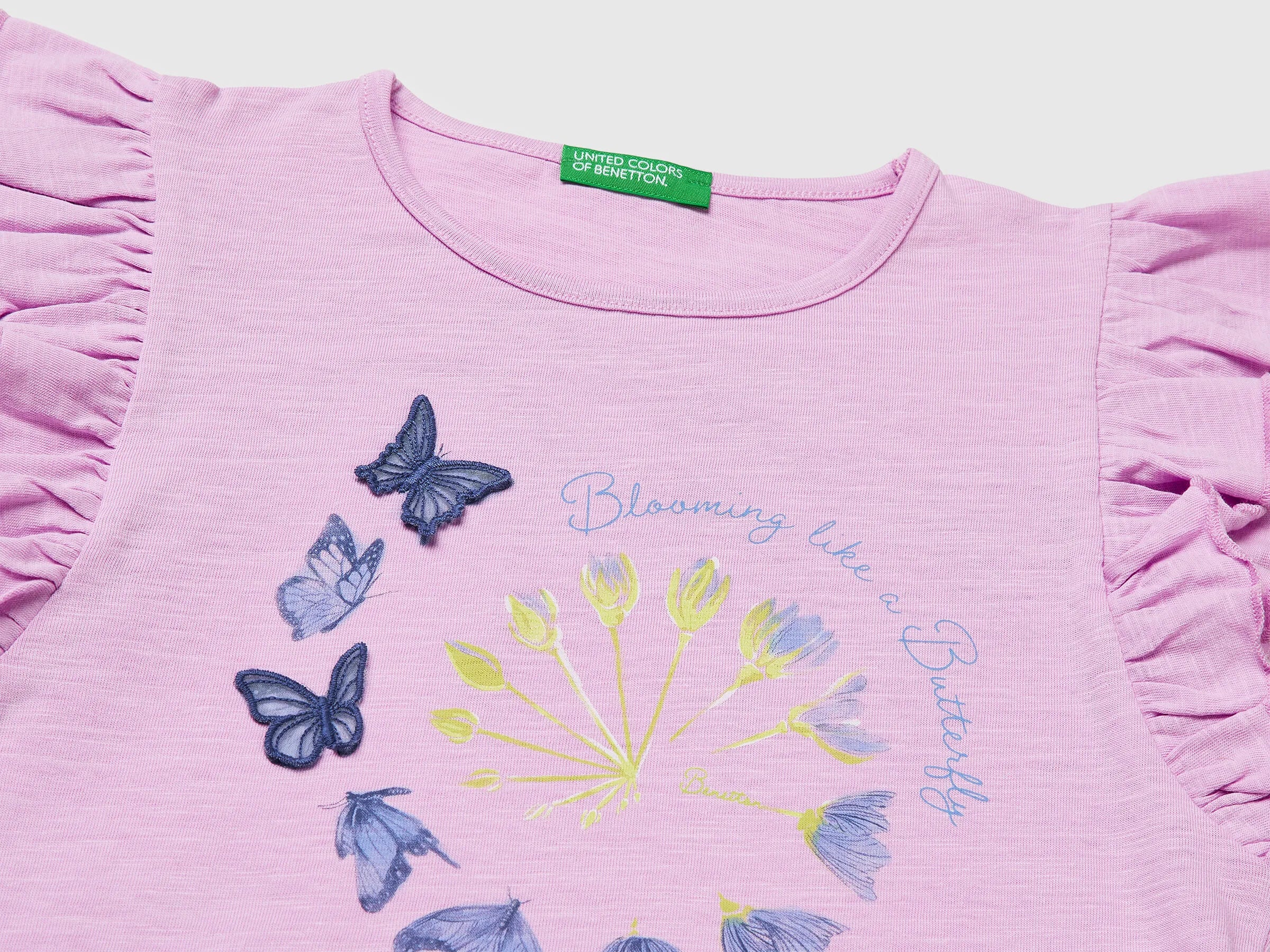 Benetton Lilac Girls Cropped T-Shirt with Print and Embroidery SKU: 38V4G10MU_00L Image 03