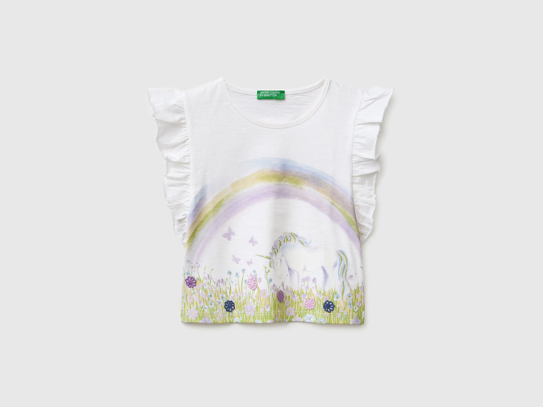Benetton White Girls Cropped T-Shirt with Print and Embroidery SKU: 38V4G10MU_101 Image 01