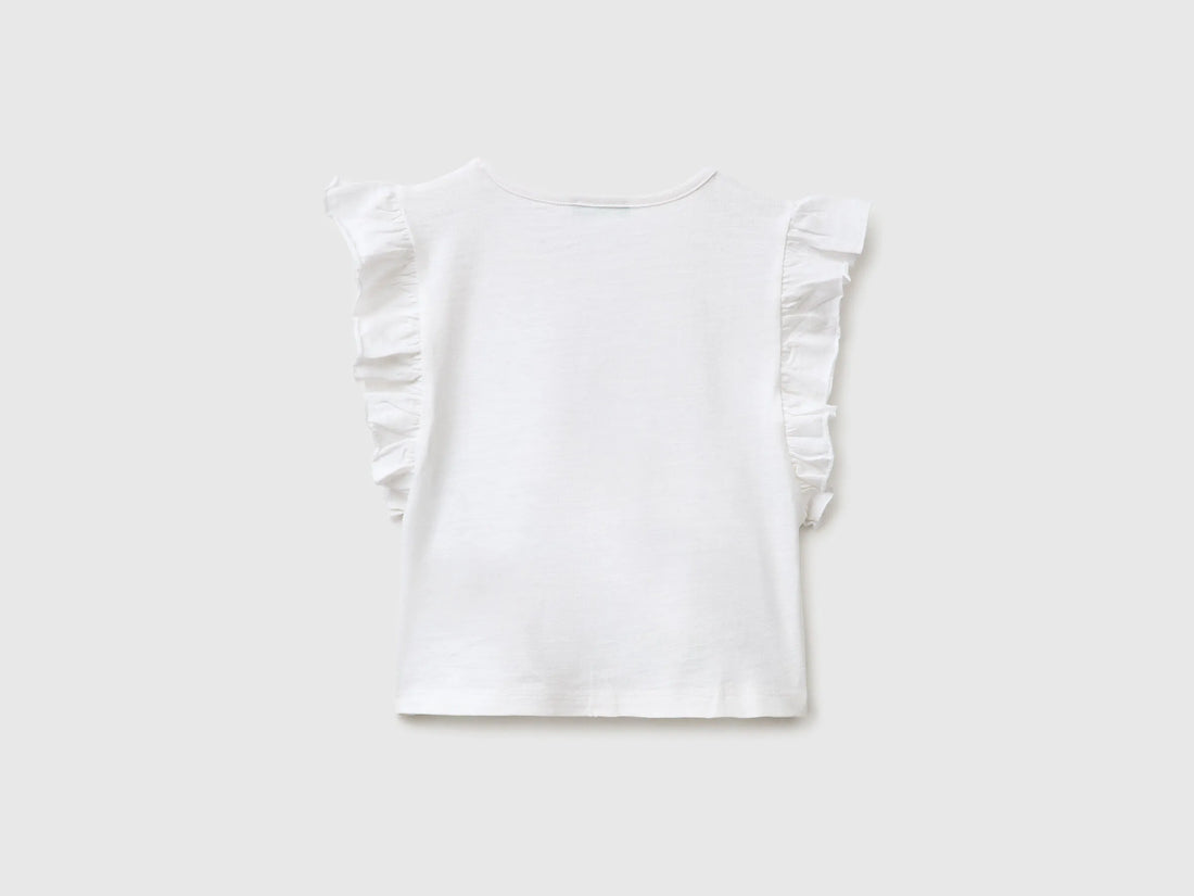 Benetton White Girls Cropped T-Shirt with Print and Embroidery SKU: 38V4G10MU_101 Image 02
