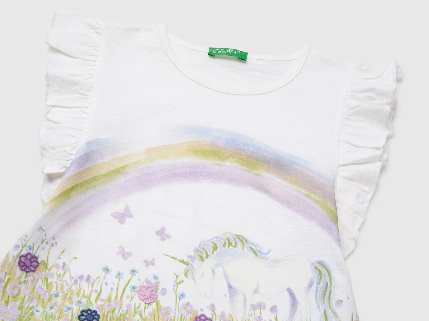 Benetton White Girls Cropped T-Shirt with Print and Embroidery SKU: 38V4G10MU_101 Image 03
