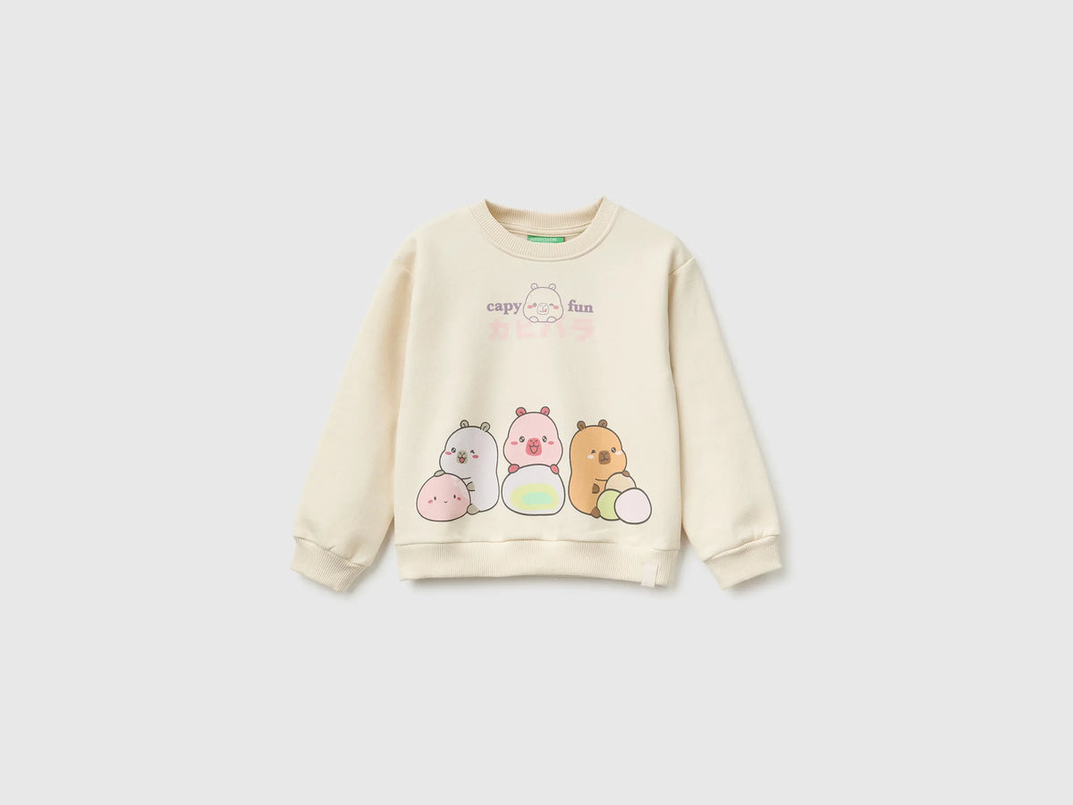 Benetton Creamy White Girls Capyfun Capybara Crewneck Sweatshirt SKU: 392VG10NR_00V Image 01