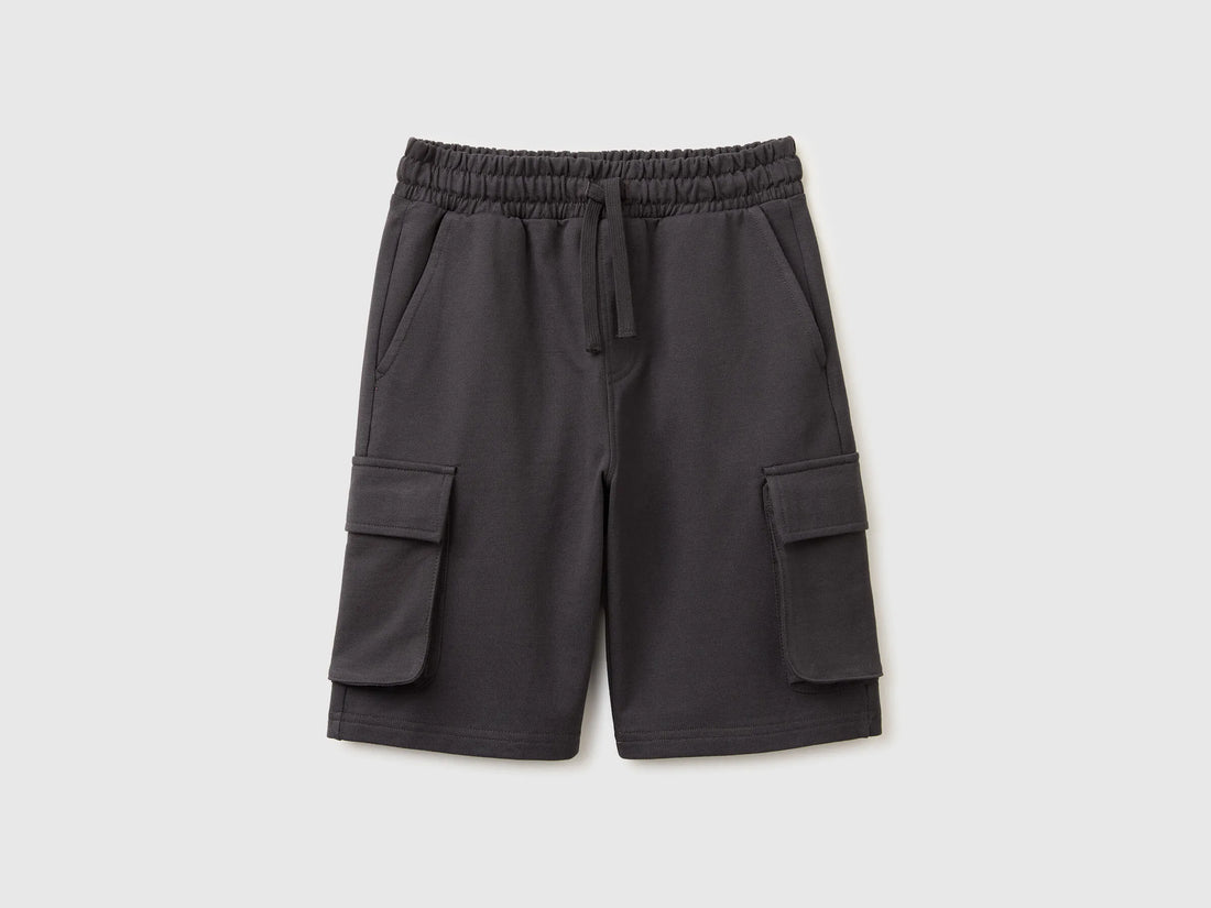Benetton Dark Gray Boys Fleece Bermuda Shorts with Pockets SKU: 39DJC902N_19E Image 01
