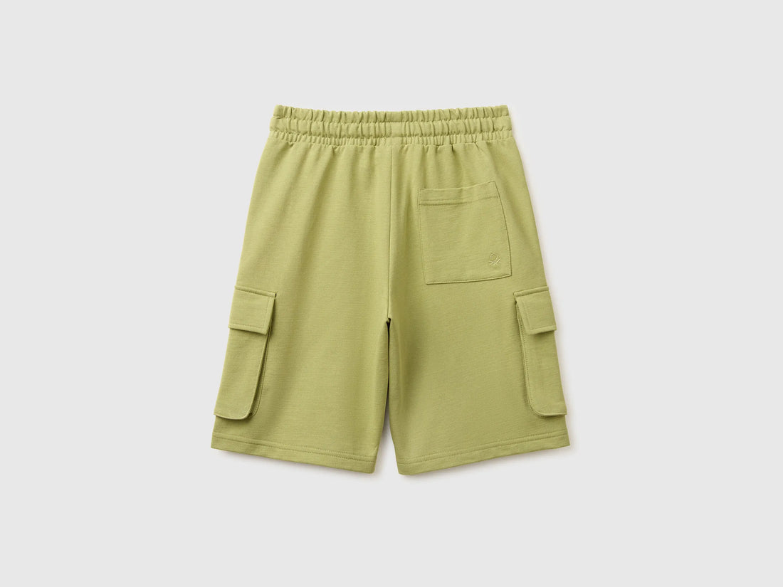 Benetton Military Green Boys Fleece Bermuda Shorts with Pockets SKU: 39DJC902N_1Q1 Image 02