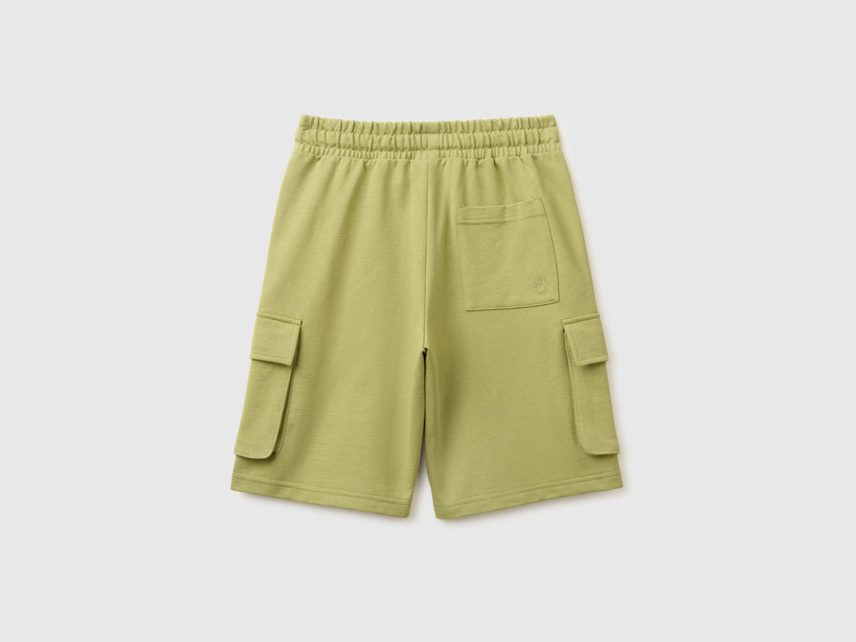 Benetton Military Green Boys Fleece Bermuda Shorts with Pockets SKU: 39DJC902N_1Q1 Image 02