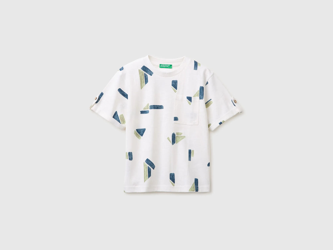 Benetton White Boys Printed Linen Blend T-Shirt SKU: 39TPG10MT_67R Image 01